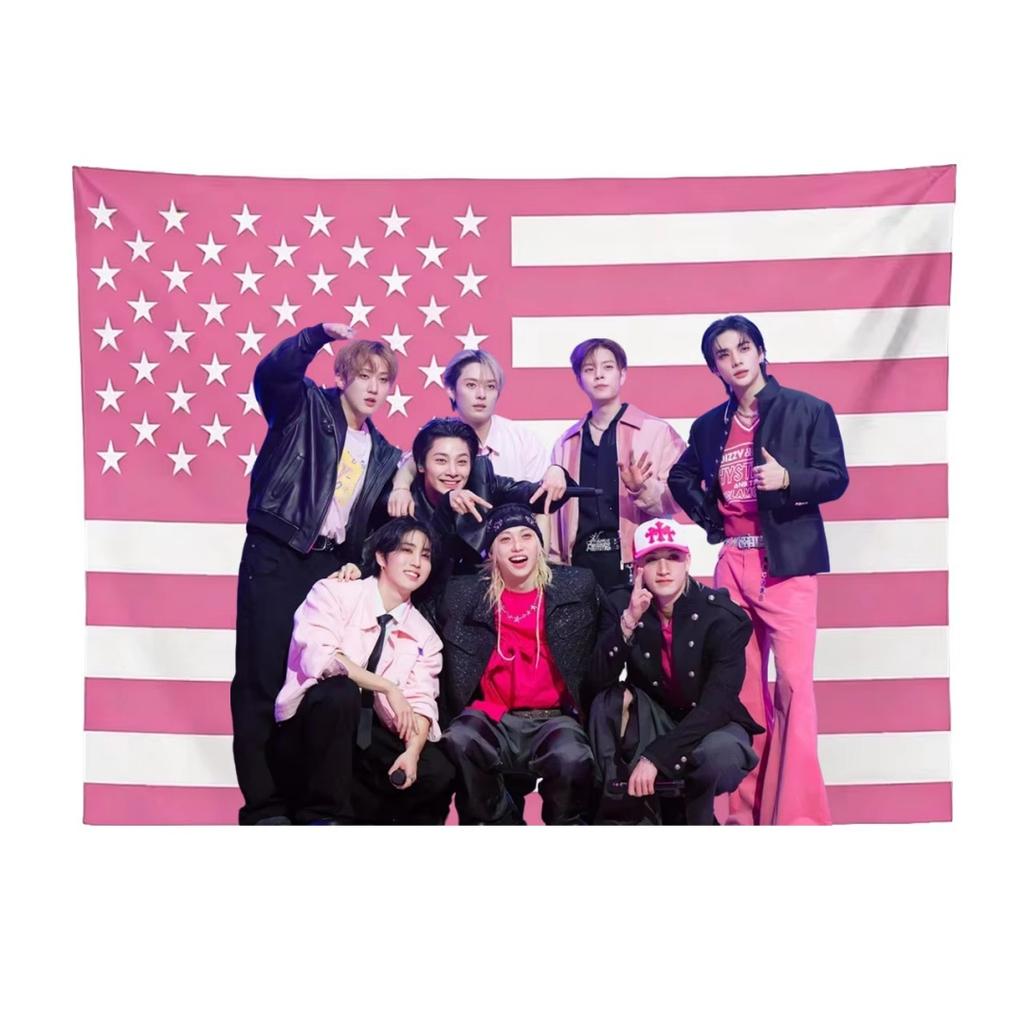 SKZ 2025 Tour Pink American Flag Tapestry SKZ Group Stage Photo Wall Hanging Kpop Merch For Stay Room Decor Flat Print