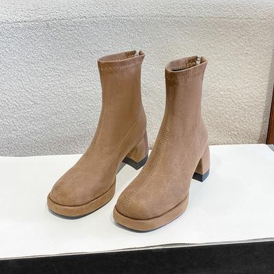 Martin Boots Women's Autumn and Winter New Trendy Thick Heel Square Head Short Boots Women's Suede Temperament Thin High Heel Boots Women