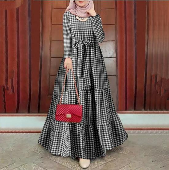 Plaid Round Neck Full Sleeve Loose Dress with Belt