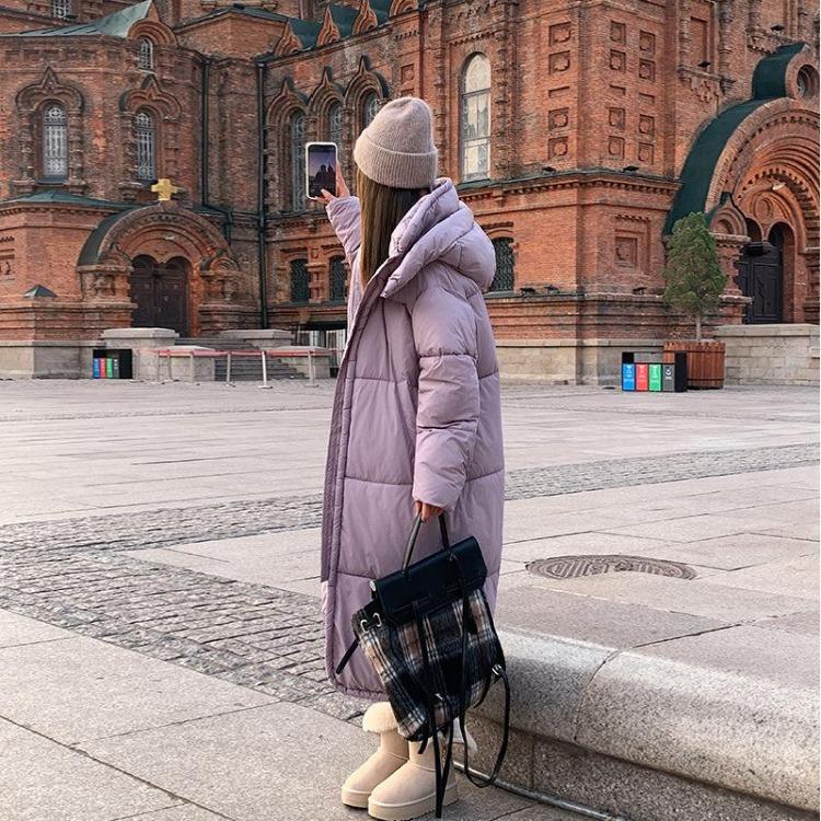 Thickened Long Cotton Down Coat Hooded Stand Up Collar Loose Warm Celebrity Style