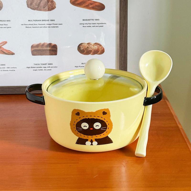 Cute cat ceramic instant noodle bowl with lid student dormitory instant noodle bowl large capacity snail powder personal special bowl