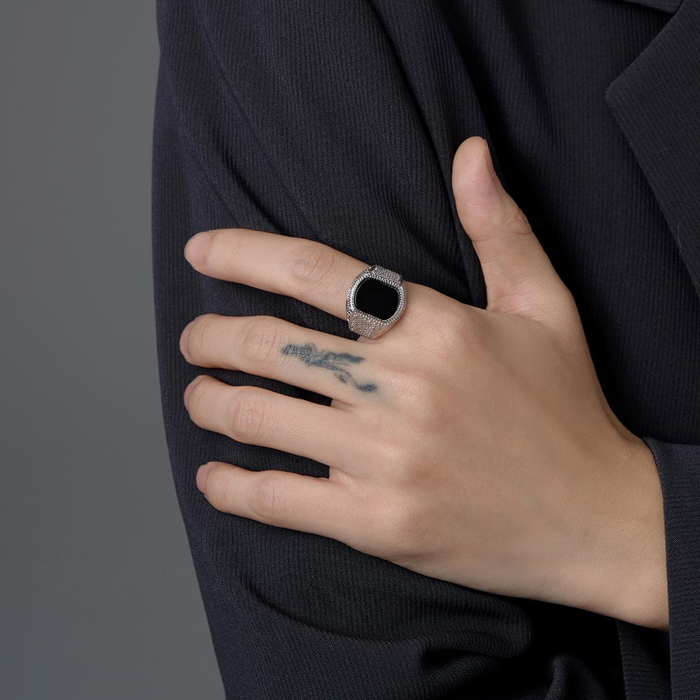 New Fashion Gold Color Chunky Punk Stainless Steel Finger Ring for Men Women Punk Vintage Oval Black Stone Ring