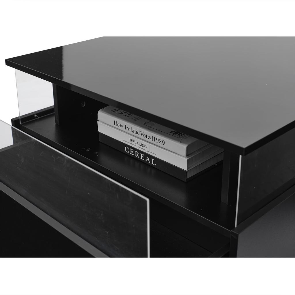 Coffee Table High Gloss Black, Square LED Lighting, Coffee Table 2 Drawers Transparent Sofa Table Side Table Tea Table Office