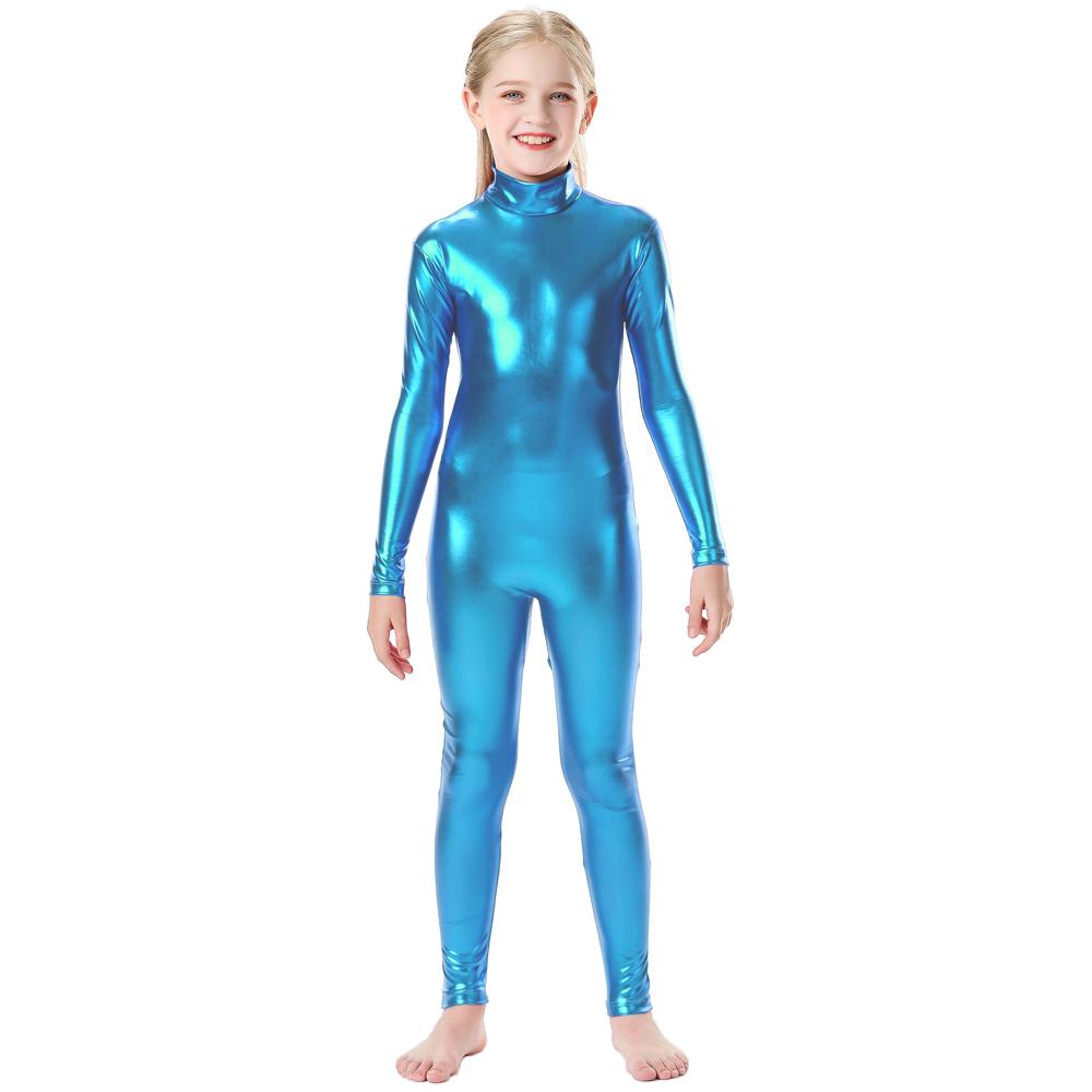 Fete Lucios Metalic Gât Mock Unitard Fermoar Spate Dintr-o Bucată Body Costum Copii Wetlook