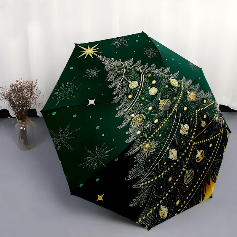 1 pièce Parapluie Pliant Automatique Sapin de Noël Doré, Cadeau Festif pour Fans, Voyageurs et Usage Quotidien.X002