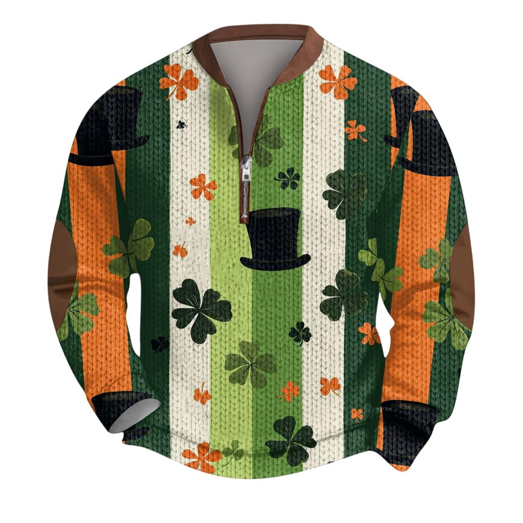 Mens Christmas Sweater Zip Up Sweatshirts Vintage Knit Graphic Sweatshirt St. Patrick's Day Stand Collar Pullover