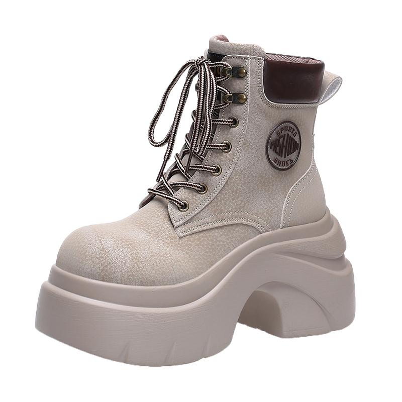 8CM Women New Autumn Winter Leather Mid-calf Boots Chunky Heels Motorcycle Boots Woman Thick Bottom High Platform Short Booties