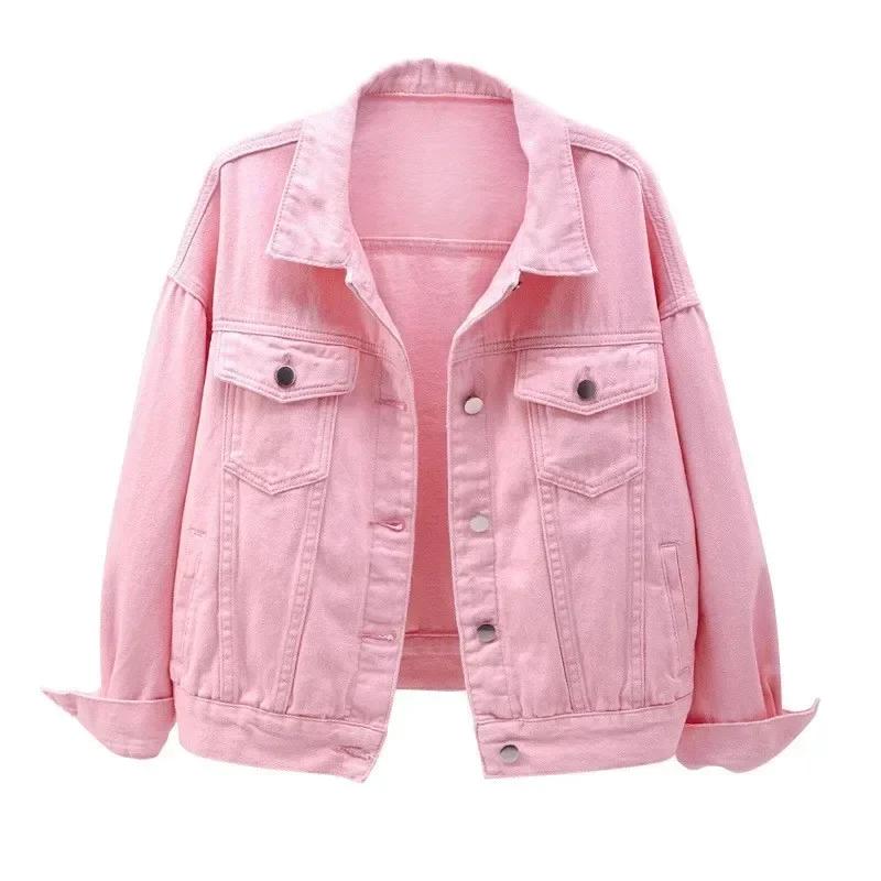 Spring Autumn Women's Denim Jacket Short Coat Pink Jean Jackets Casual Tops Loose Tops Lady Outerwear
