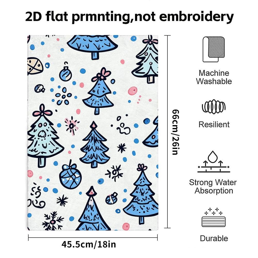 Cute Blue Doodle Christmas Tree Towel, Soft Absorbent Quick Dry Festive Bathroom Towel