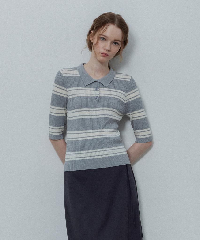 LE STUDIO Striped Collar Button Knit_Gray