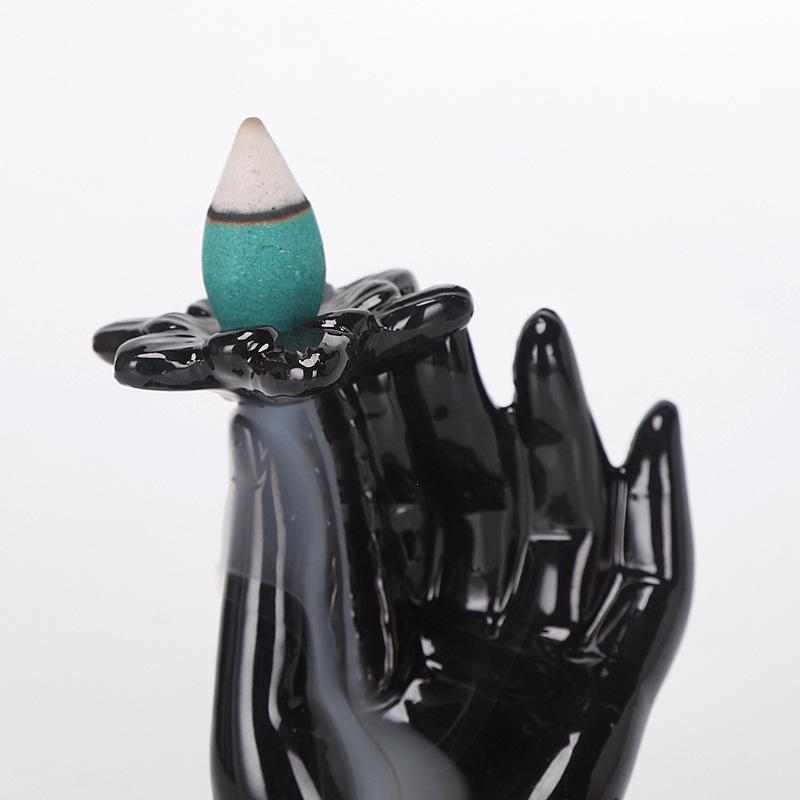Buddha Hand Ceramic Backflow Incense Burner - Creative Rockery Design for Stick Incense and Office Decor.