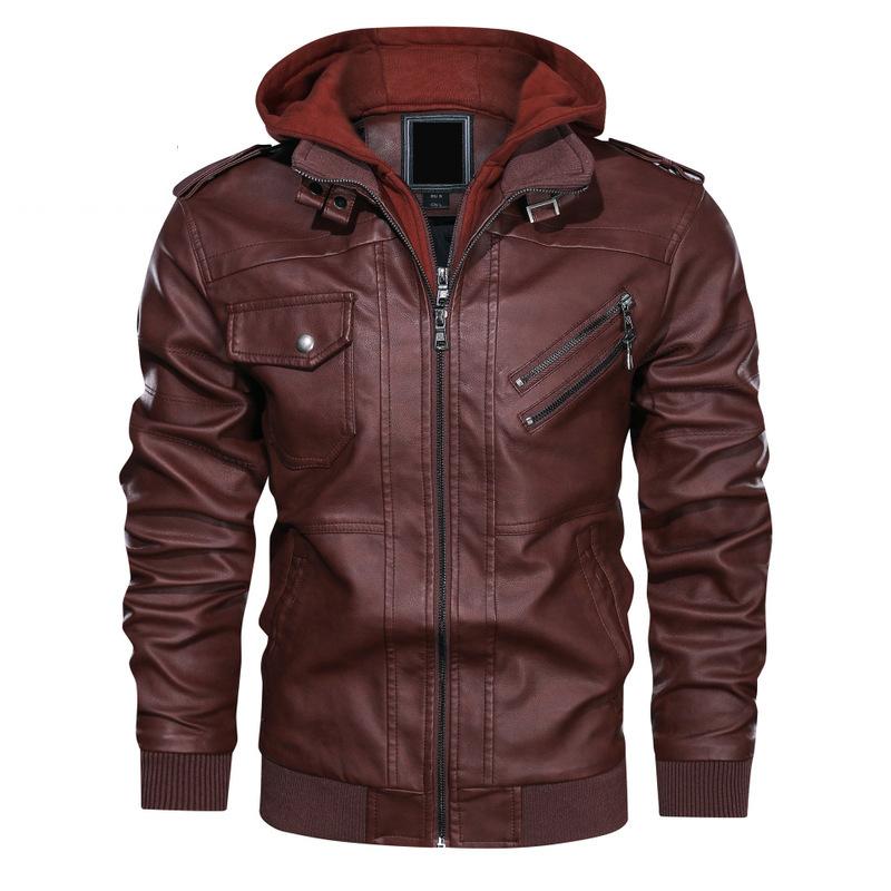 Popular Hooded Leather Jacket Men s Trendy Casual Motorcycle Jacket Removable Hood Men s Leather Jacket M