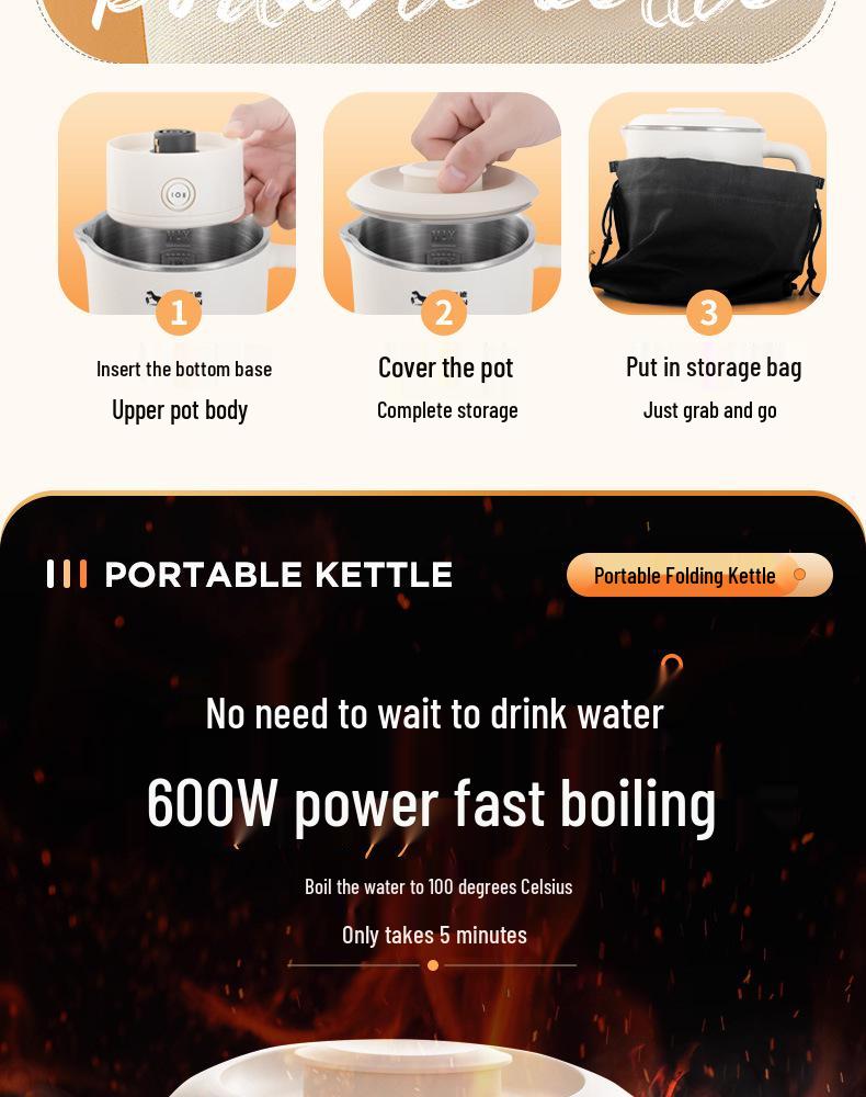 Portable Folding Electric Kettle: Compact 304 Stainless Steel Water Heater for Travel