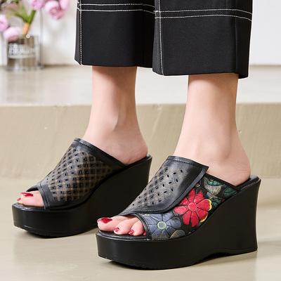 Fashion GKTINOO 2025 Genuine Leather Women Slippers High Heels Wedges Summer Shoes Platform Handmade Thick Soled Slippers for Women