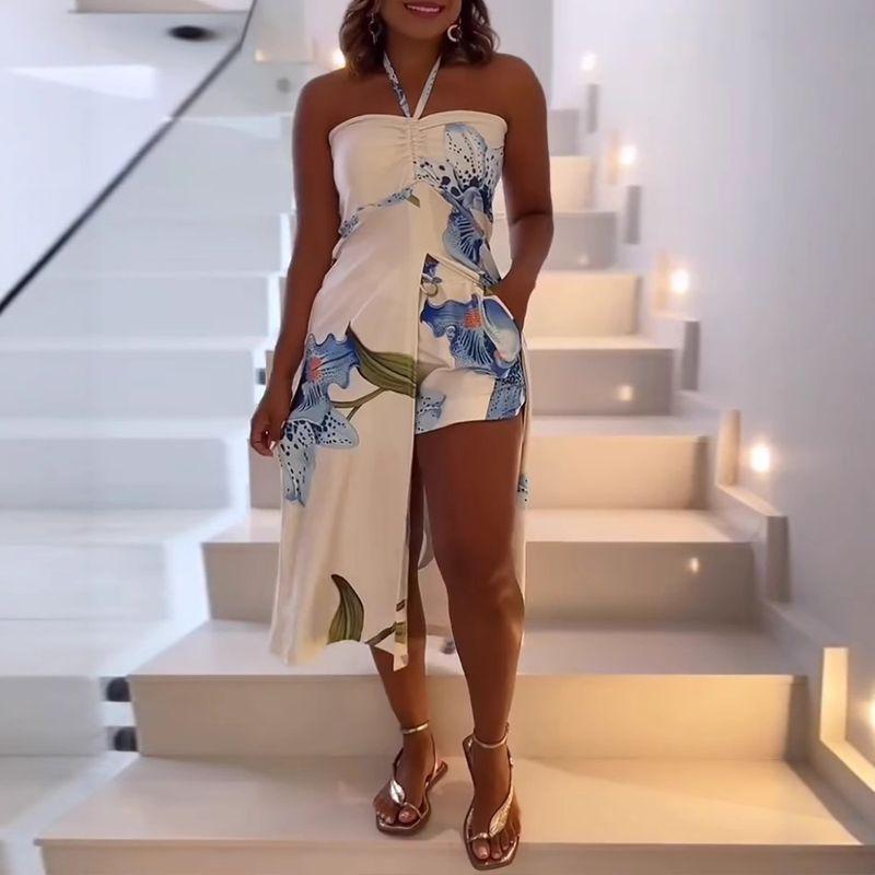 

Print Hanging Neck Top + Shorts Two-piece Suit Two Piece Set of Top and Shorts Blue XL