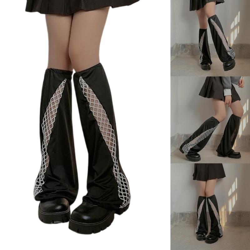 Fishnet Mesh Patchwork Flared Leg Warmers for Womens Harajuku Punk Grunge Baggy Foot Covers Sleeves Knee Length Socks