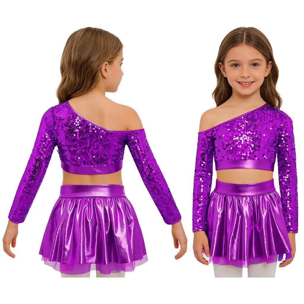 Kids Girls Jazz Dance Costume One Shoulder Long Sleeve Sequins Top with Elastic Waistband Metallic Tutu Skirt for Performance Competition