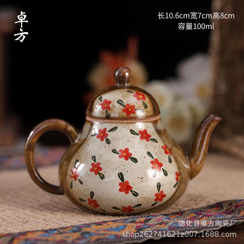 Pure Hand-painted Small Floral Firewood Fired Retro Underglaze Colored Tea Set Chinese Style Kung Fu Tea Set Tea Pot and Cup Set