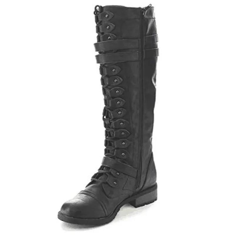 Fashion Women Knee High Boots Autumn Winter Lace Up Flat Shoes Sexy Steampunk PU Retro Buckle Women Shoes Ladies Snow Boots Yui8