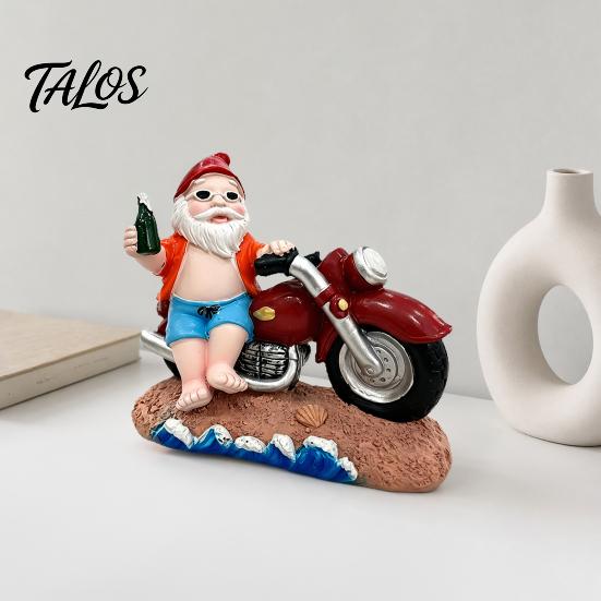 Beach Dwarf Decoration Funny Summer Santa Motorcycle Figurine with Beer, Resin Motorbike Gnome Environmentally Friendly Art Sculpture, Outdoor Garden