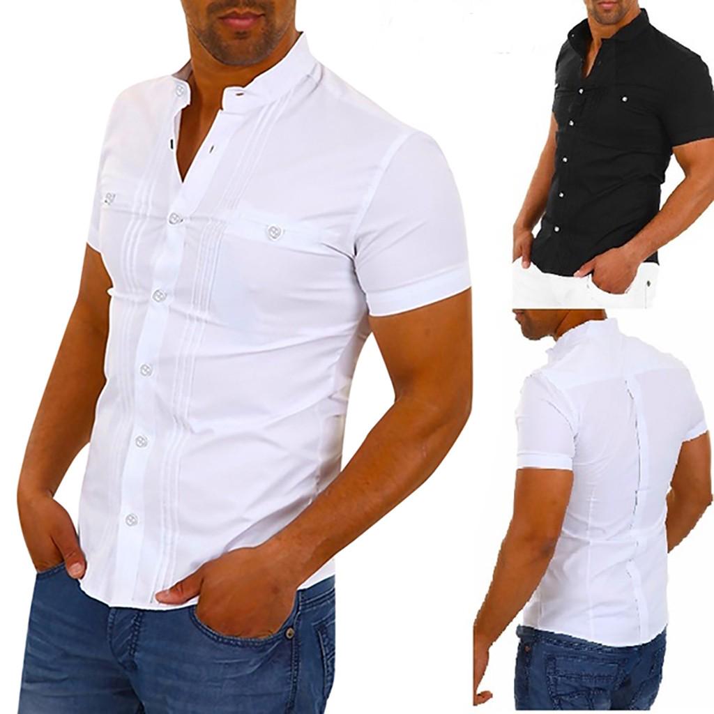 Buy Men Summer Solid Short Sleeve Basic T Shirt Blouse Fit Slim Top at ...