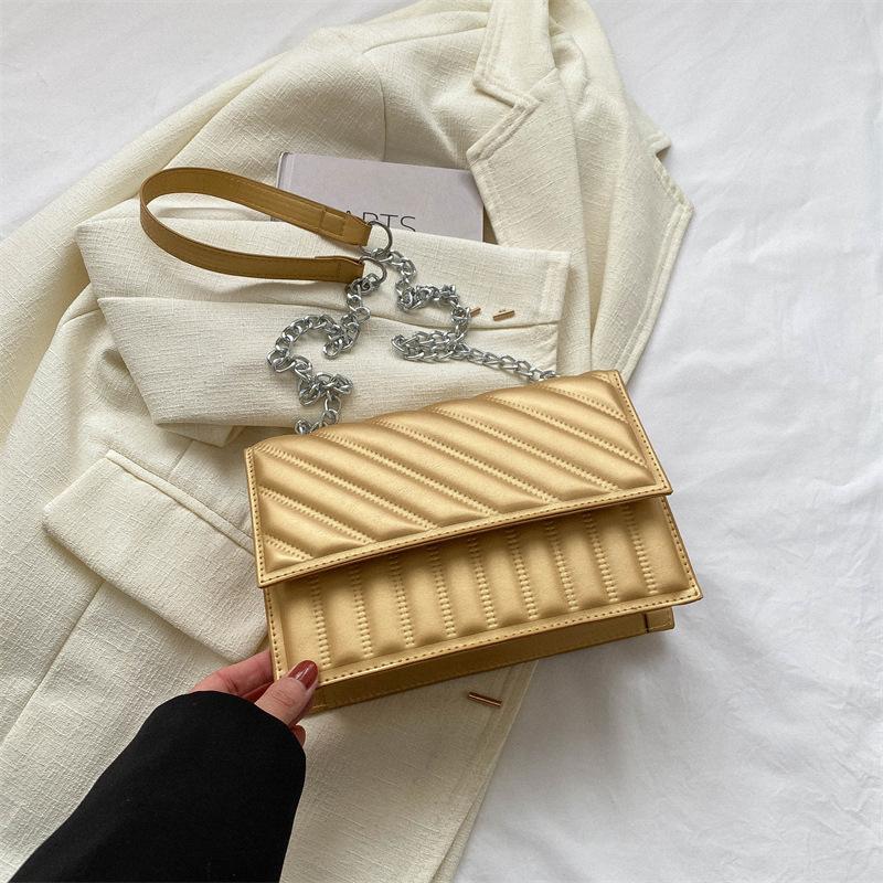 Striped chain bag women's 2025 new retro texture messenger bag trendy solid color fashion embroidery thread shoulder small square bag