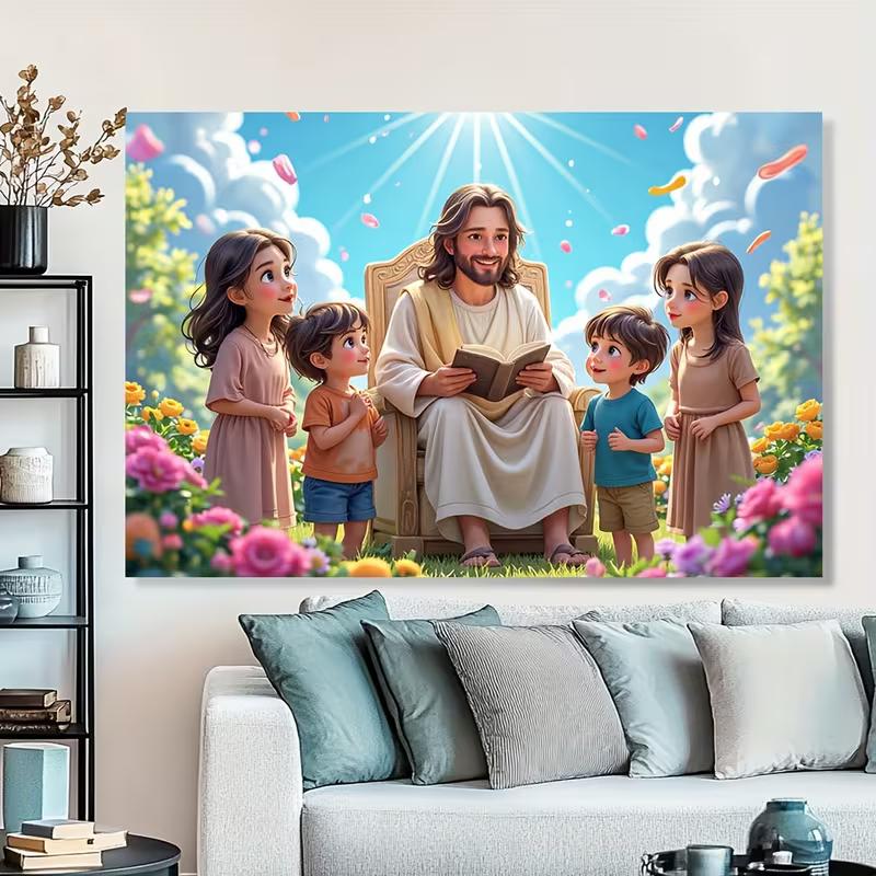 2D Jesus and Children Background Cloth Christian Faith Wall Hanging Tapestr