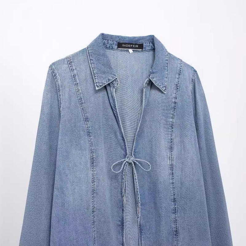 Podzimní evropská a americká dámská pouliční móda džínová košile s mašlí