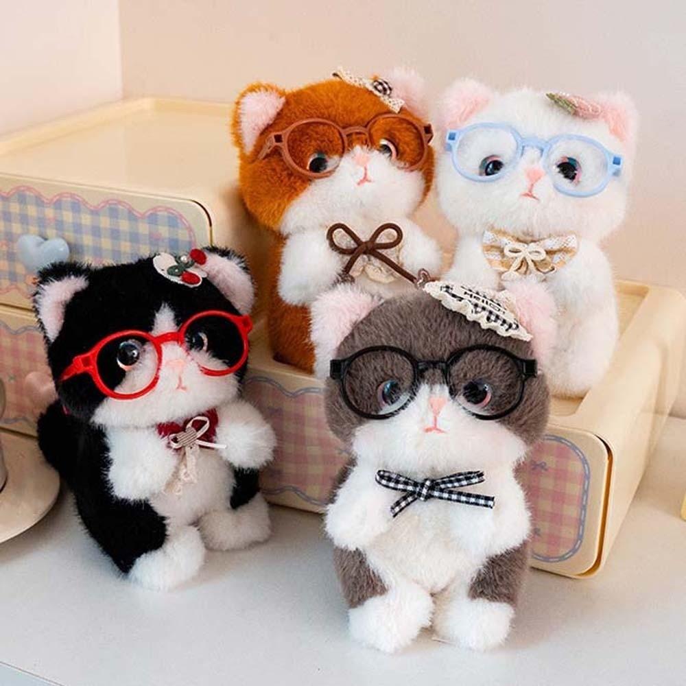 Fluffy Cute Cat Keychain Small Kawaii Glasses Key Ring Comfort Stuffed Animal  School Girls