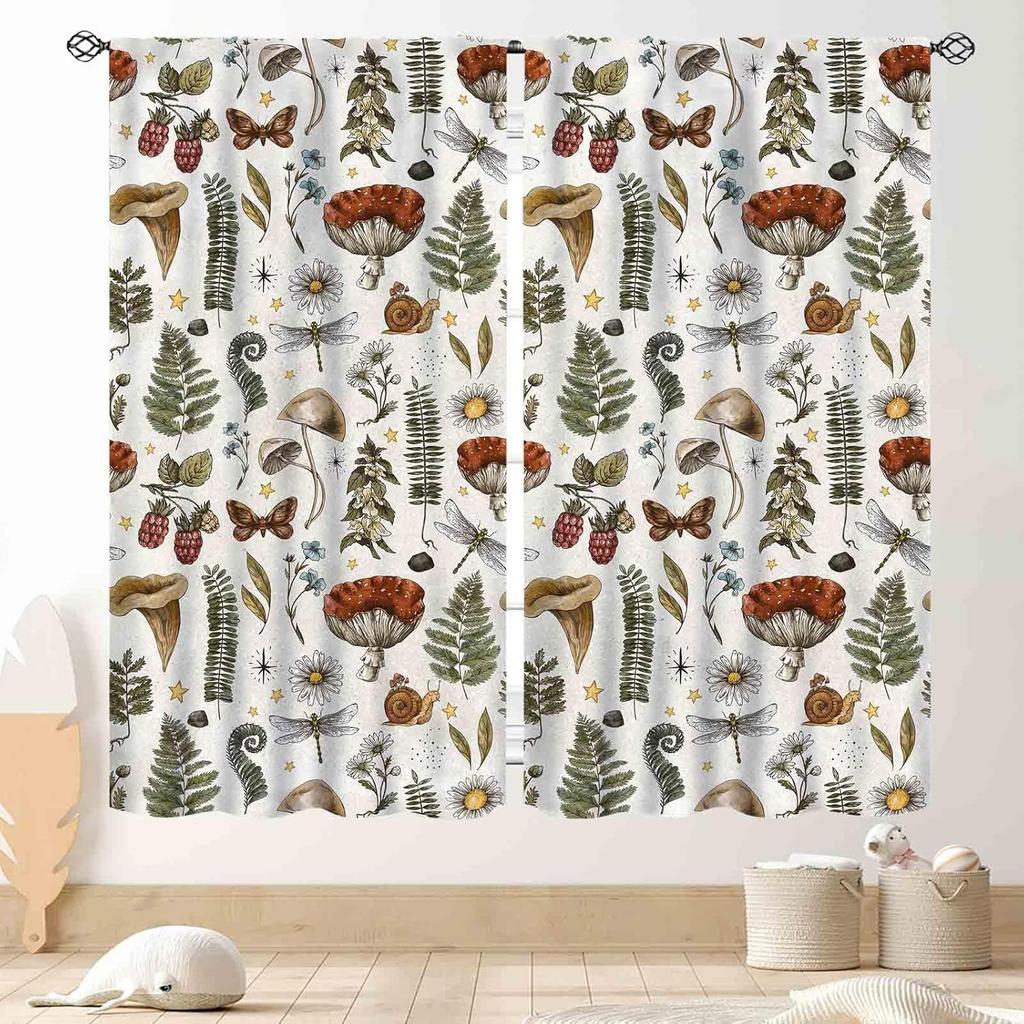 Mushroom Curta, Retro Wild Floral Botanical Mushroom Cottagecore Nature Plants Herbs Farmhouse Blackout Drapes For Kitchen