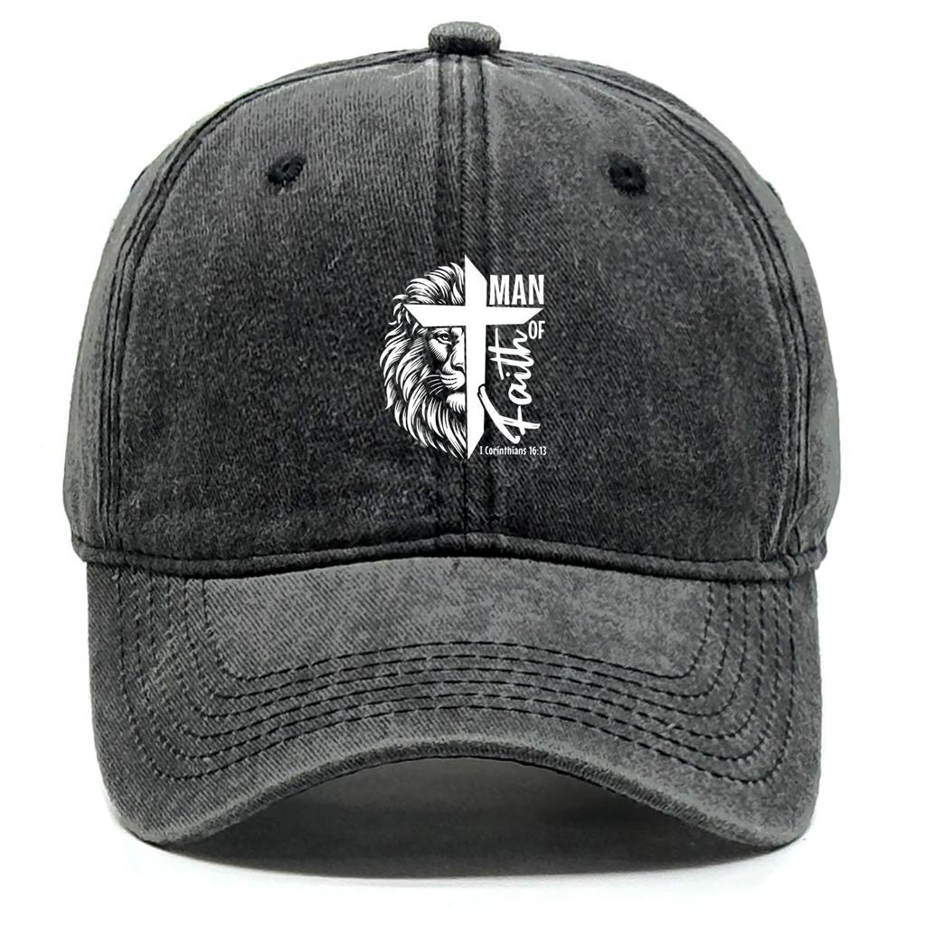 Lion of Judah Cross Print Snapback Baseball Cap, "MAN OF Faith" Flat Cap Sun Protection Curved Brim Sporting Distressed Adjustable Sun Hat