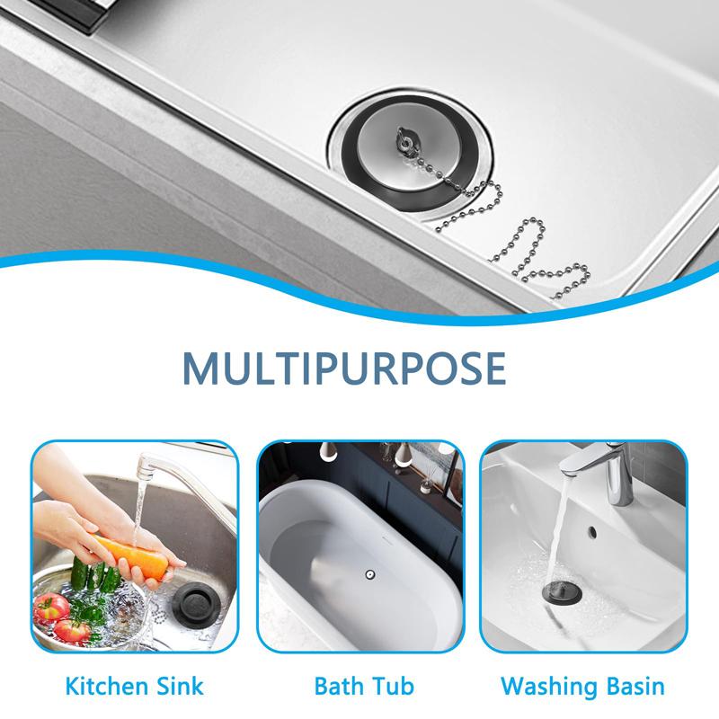 2 PCS Universal Sink Plug, Bath Plug Replacement, Kitchen Sink Plug Replacement, 40cm Chain