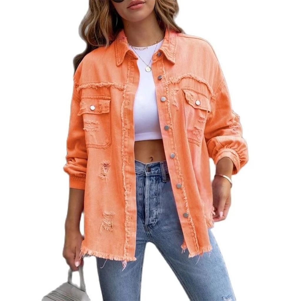 VAYLA Holes Raw-edges Denim Jacket Women Spring Autumn Shirt Style Jeancoat Casual Top Rose-Red Orange Purple Outerwear Lady Coat