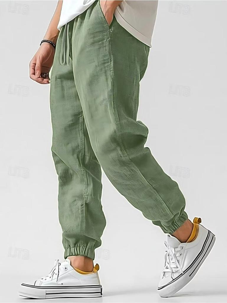 Men's linen pants summer breathable leggings beach straight pants solid color blended linen pants bundle legs