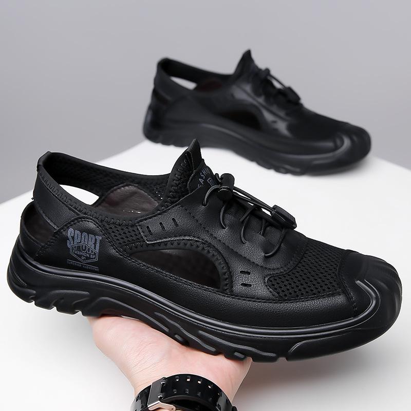 Baotou Sandals Leather Hollow Wading Shoes Men'S Casual Soft Sole Breathable Hole Shoes Men'S Shoes