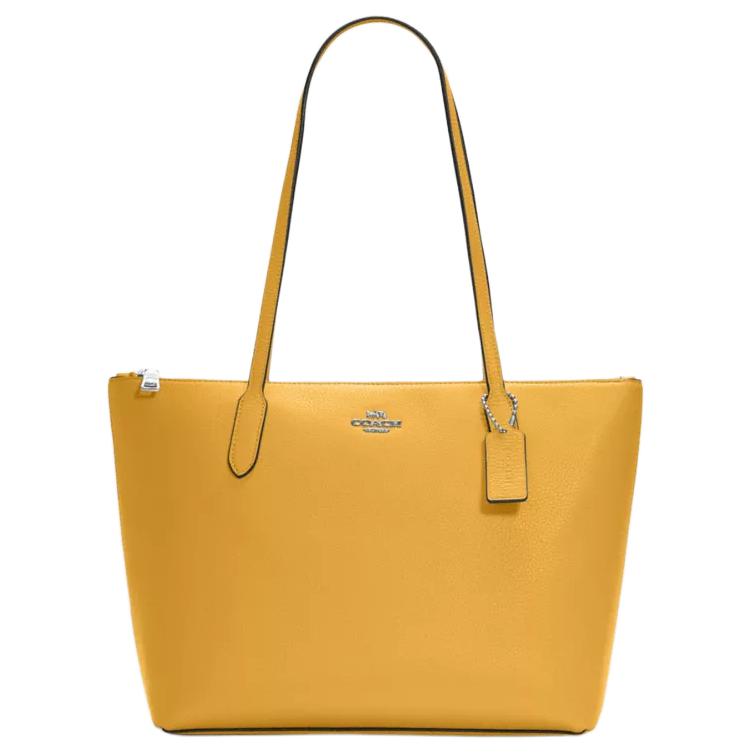 Coach City 33 Logo Snap Closure Pebble Leather Tote Bag Women tote Silver Honeycomb-Yellow CR111-SVRGJ Basic Set (Bag+Dust Bag)