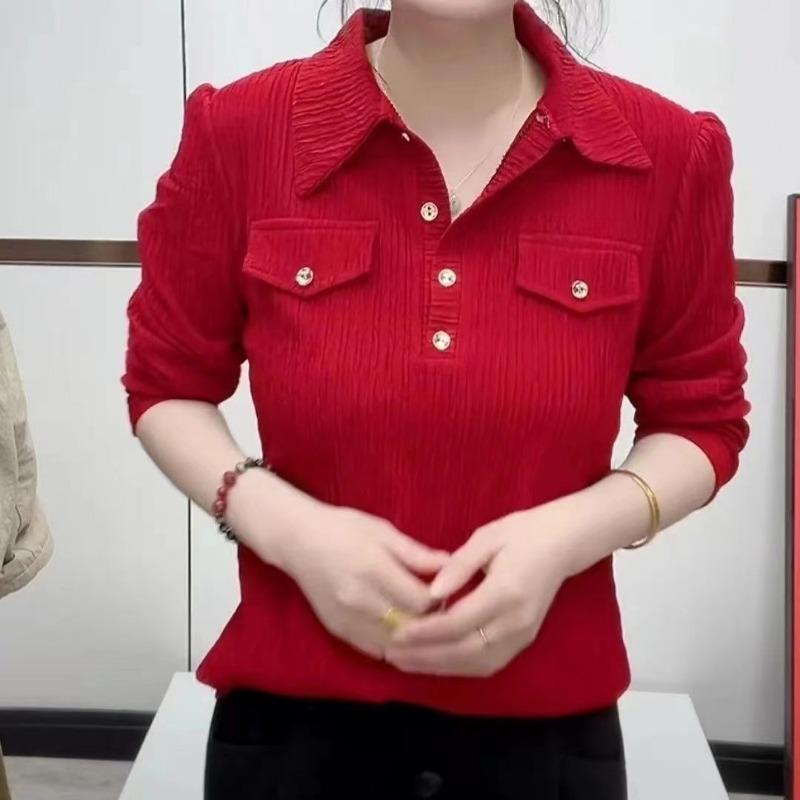 

Temperament Half-buttoned Shirt Fashionable Women s Tops Versatile New Style Fashionable Bottoming Tops XL червоний