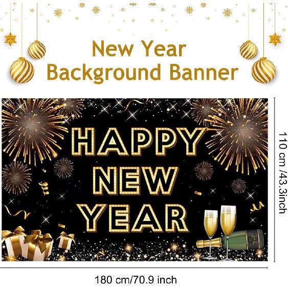 Happy New Year Banner for 2026 Party Decoration, Blackgold New Year Eve Banner Photo Backdrop Party Supplies (HAPPY NEW YEAR)