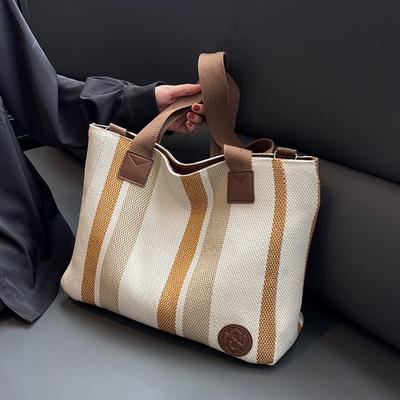 Large Capacity Canvas Bag Korean Casual Women's Fashion Shoulder Bag Vertical Stripe Niche Versatile Commuter Women's Tote Bag