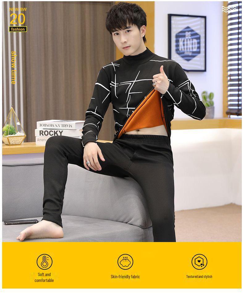 Men's Trendy Thermal Underwear Set: Teen Plus Velvet, Thickened Warm Bottoming Shirt & Pants for Autumn/Winter