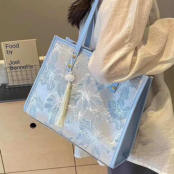 

WTEMPO Embroidered Large-capacity Bags Women s Fashion Versatile Single-shoulder Handbag Canvas PU Patchwork Zipper Commuting Tote Bags 1pc синий