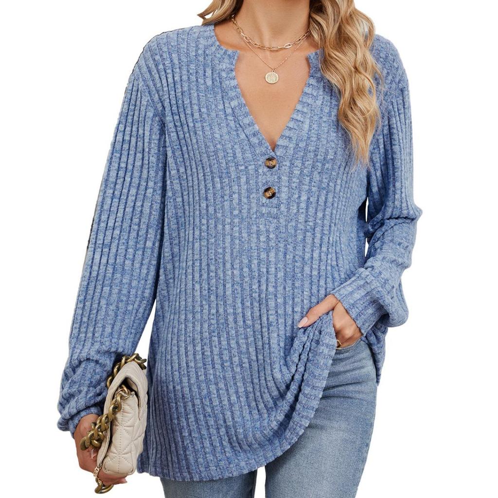 Loose Long Sleeve T-shirt Brushed Solid Color Women's Fall Winter New Leisure Ribbed Button