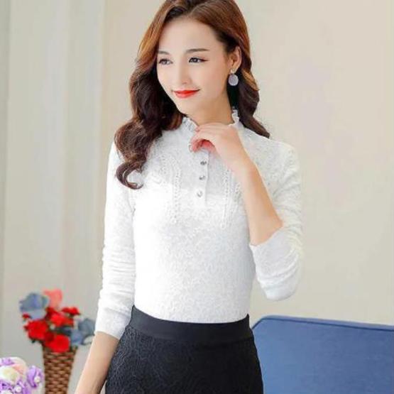 Plush Thickened Long Sleeve Lace Shirts Women's Autumn Winter Slim Fit Tops Large Size Warm Blouses