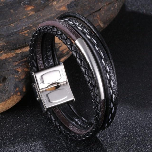 New Trendy Leather Bracelet Men Stainless Steel Handmade Bangles Male Wristband Charm Hand Jewelry Boyfriend Husband Gift Sp1037