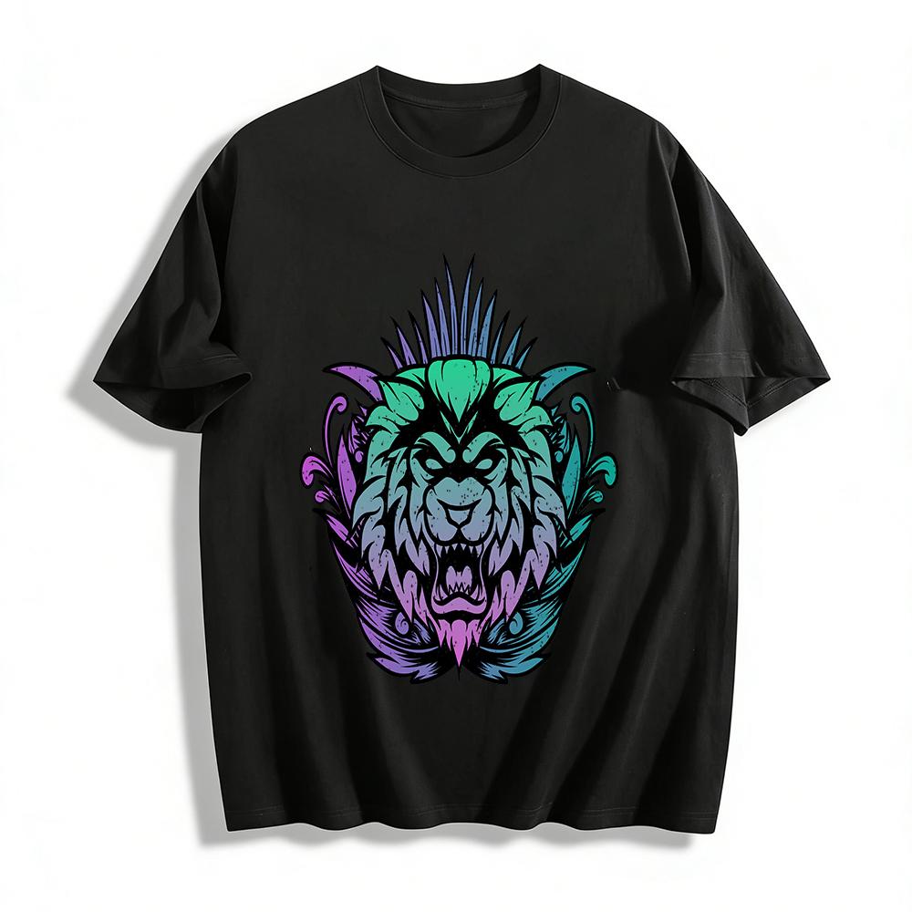 Vibrant Roaring Lion Head Print Casual Loose Crew Neck T-Shirt Pure cotton T-shirt XXS