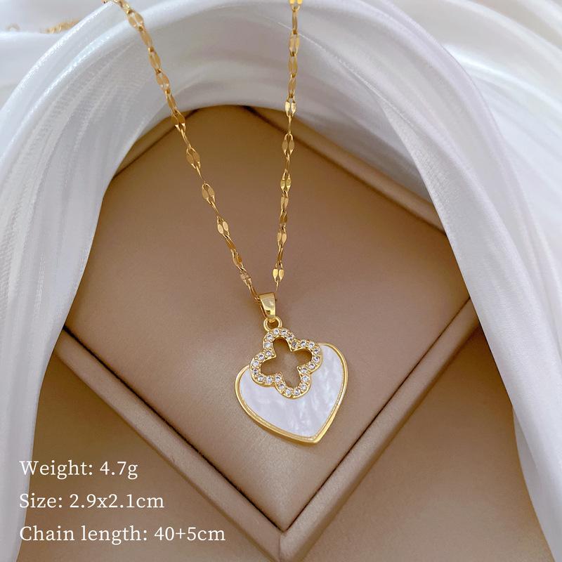 Love Four-Leaf Flower Light Luxury Temperament Gorgeous Full Diamond Necklace Female Versatile Collarbone Chain Titanium Steel Chain