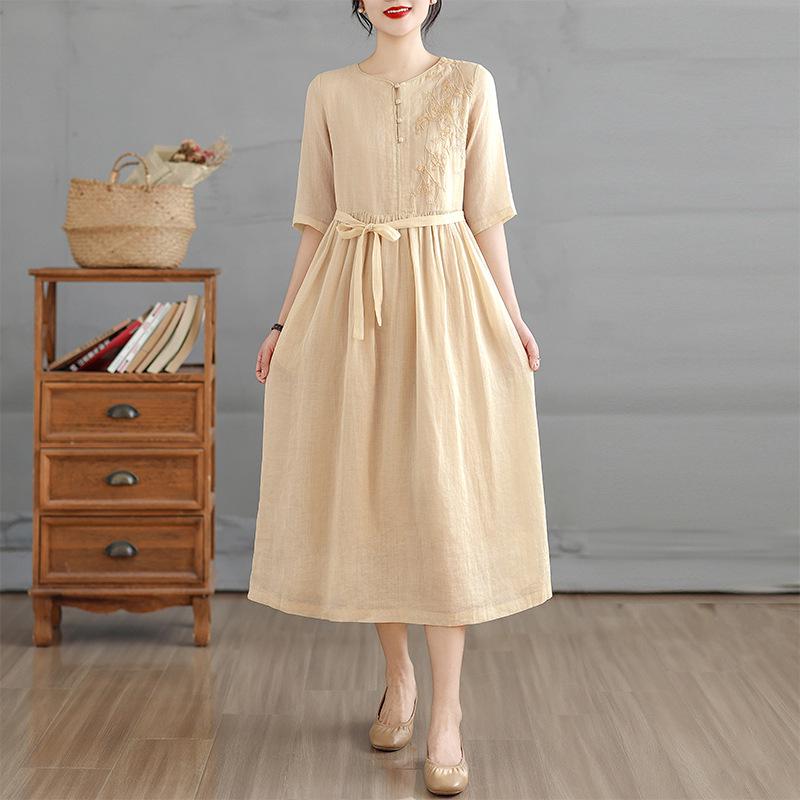2026 High-End Artistic Embroidered Summer Dress: Waist-Cinching, Tie-Up, Flowy Cotton Linen XL