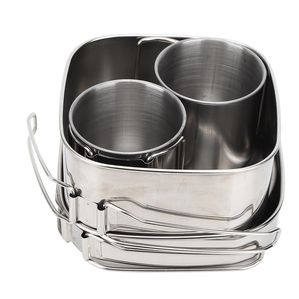 6Pcs Set Stainless Steel Outdoor Camping Cookware Utensils Portable Frying Pan Cups Pot Tableware for PicnicSilver