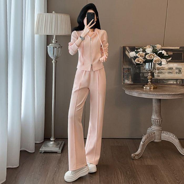 Fashionable Temperament Suit, Lazy Style Hooded Slim Fit Zipper Sweatshirt Casual Wide-leg Pants Two-piece Set