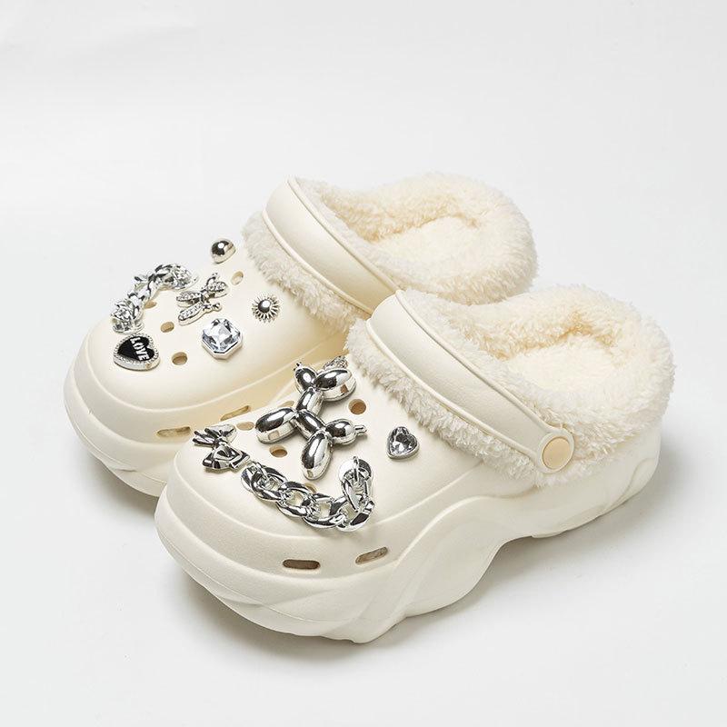 New velvet hole shoes women's winter non-slip outer wear cotton shoes heightened thick-soled home removable cotton slippers